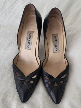 Jimmy Choo Black Leather D'Orsay Pumps, Crossover Straps And Cutout Accents, 37